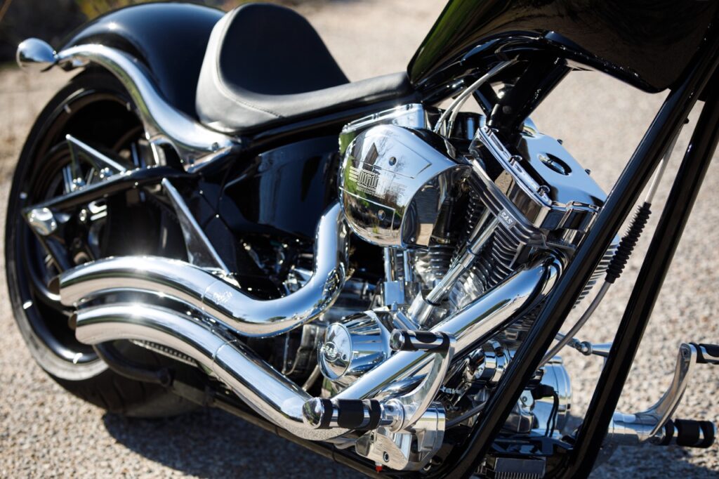v-twin chrome engine and exhaust on Big Dog Motorcycles K9