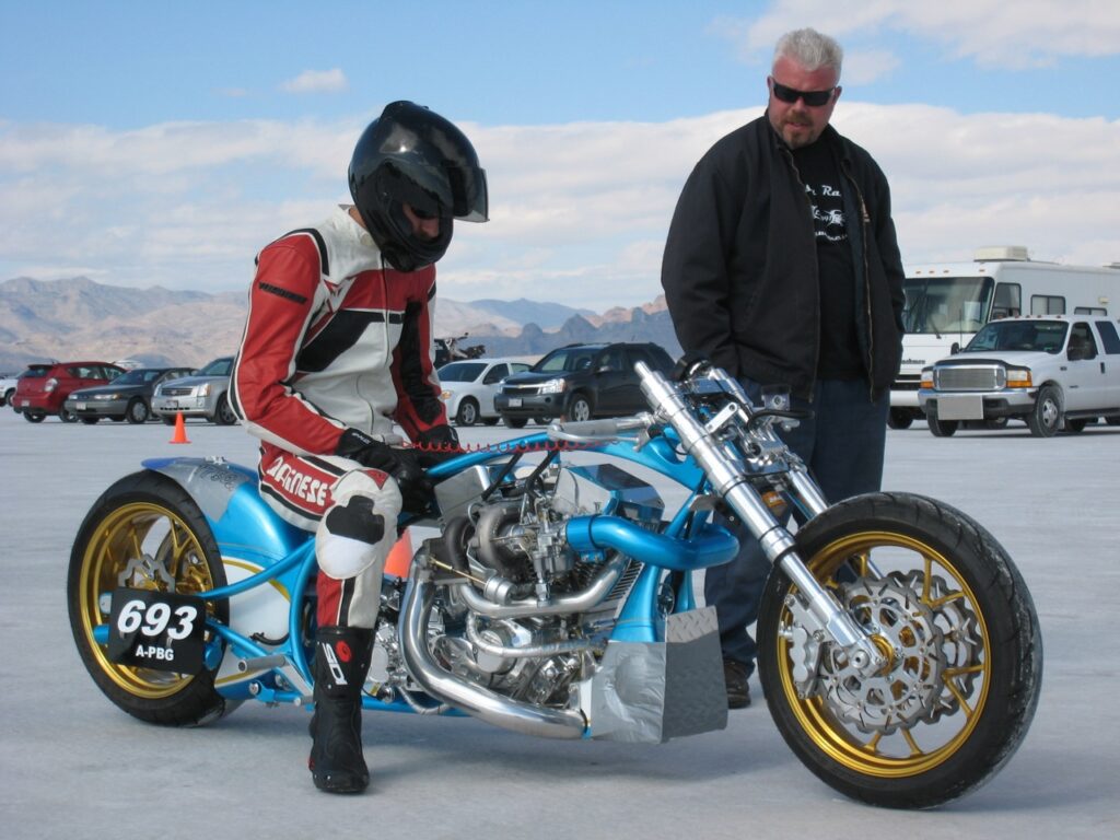 Turbo Ridgeback fabricator Pete Rumschlag on a land speed motorcycle at Bonneville